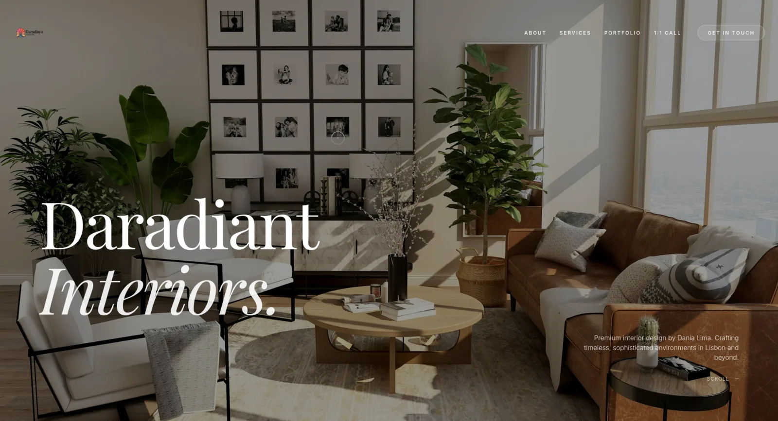 Daradiant Interiors homepage with an elegant serif wordmark over a warm, plant-filled living room