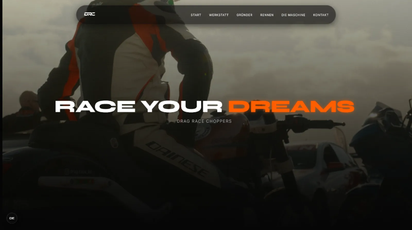 Dark homepage hero of the Drag Race Choppers website with the headline “Race your dreams” over drag-racing photography