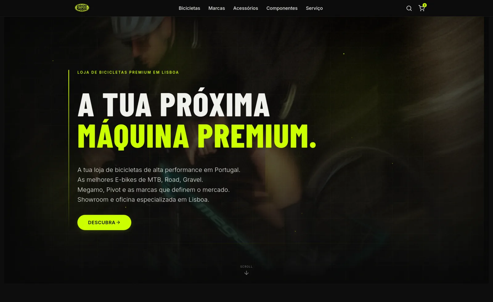 Drop Bike online store homepage with the neon-yellow headline “A tua próxima máquina premium” on a dark background